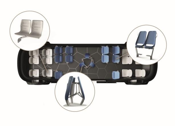 Ubility One, Grammers neues Sitzkonzept für Bus und Bahn, berücksichtigt Fahrgastströme und schafft flexible Platzangebote in drei unterschiedlichen Aufenthaltszonen. (Foto: Grammer)